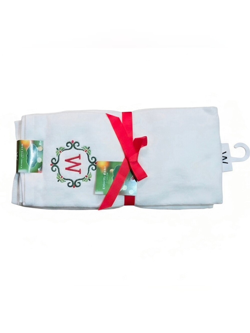 Monogrammed White Handtowels with Red Lettering and Decorative Wreath
